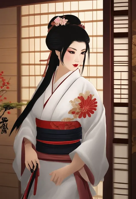 Create a mesmerizing image of Umeko, the Flower Ninja, with her gaze seductively beckoning the viewer. She is dressed in revealing Edo-period ninja attire, standing in a dimly lit room, using the female ninja art to weave an air of mystery.
Generate a capt...