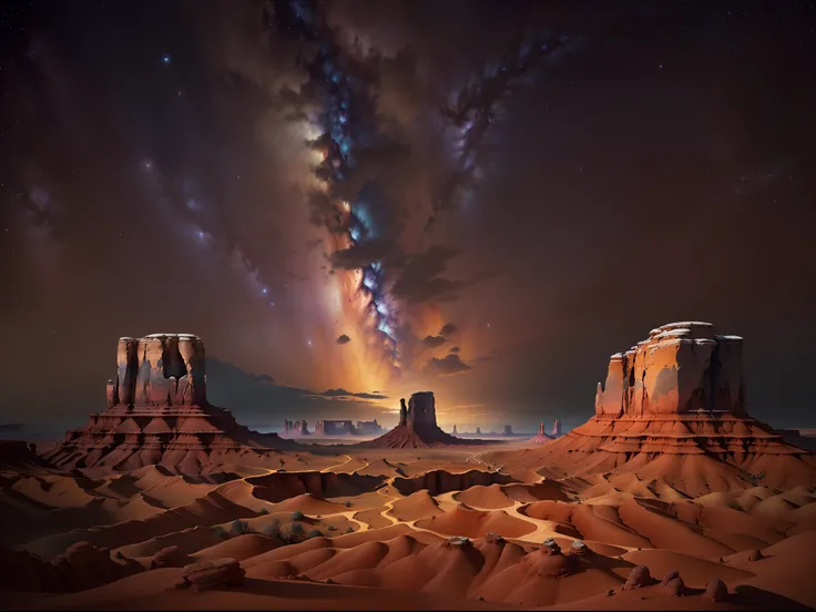 (Best quality,4K,A high resolution,Masterpiece:1.2),Artistic,Natural scenery,Stunning landscapes,Photography,Under the night sky (monument valley, Tsé Bii Ndzisgaii),(Huge sandstone formations, towering rock),geomerty，