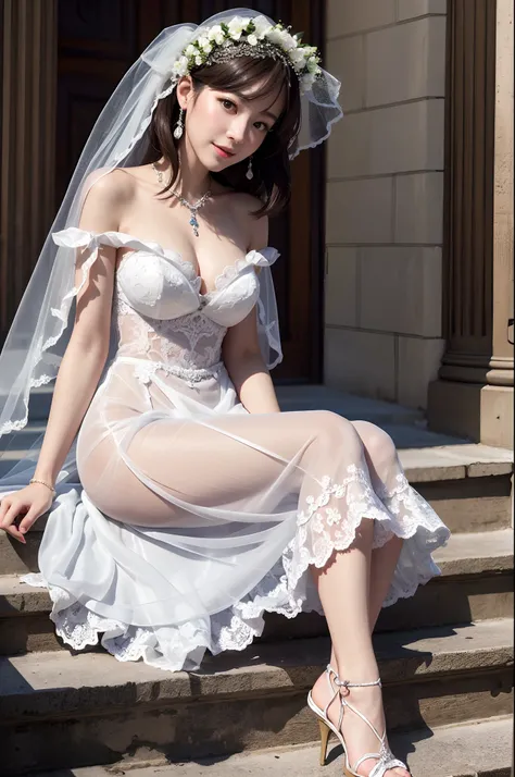 Best Quality, masutepiece, High resolution, top-quality、ultra-detailliert、​masterpiece、realisitic、Photo Real、Realistic bride、extremely detailed cute girl、Tempting smile、Wearing a realistic wedding dress、Sitting on the steps of a church、((up looking_Down,))...