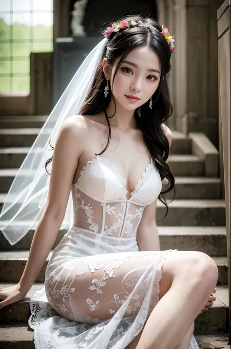 Best Quality, masutepiece, High resolution, top-quality、ultra-detailliert、​masterpiece、realisitic、Photo Real、Realistic bride、extremely detailed cute girl、Tempting smile、Wearing a realistic wedding dress、Sitting on the steps of a church、((up looking_Down,))...