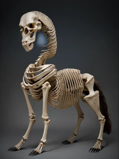 Arafe skeleton of a horse with a skeleton on its back, Anatomically correct horse, skeleton with extra fleshy bits, Human torso on the body of a horse, Dinosaur skeleton, anthropomorphic horse, skeleton, Skeleton - like a creature, Skeleton-like creatures,...