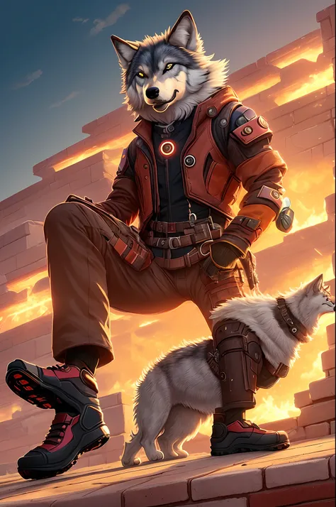 an anthropomorphic cyberpunk wolf as a foot person with long brown hair sunset background and orange lit eye color Synthwave admire brick red horizontal line marking across nose to cheeks then down the neck human type feet huge hyper styled feet instead of...