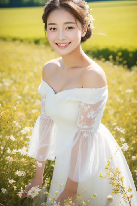 Best quality, masterpiece, ultra high res, (photorealistic:1.4), raw photo, 1girl, white dress, off shoulder, blossom flower field, glowing skin, light smile