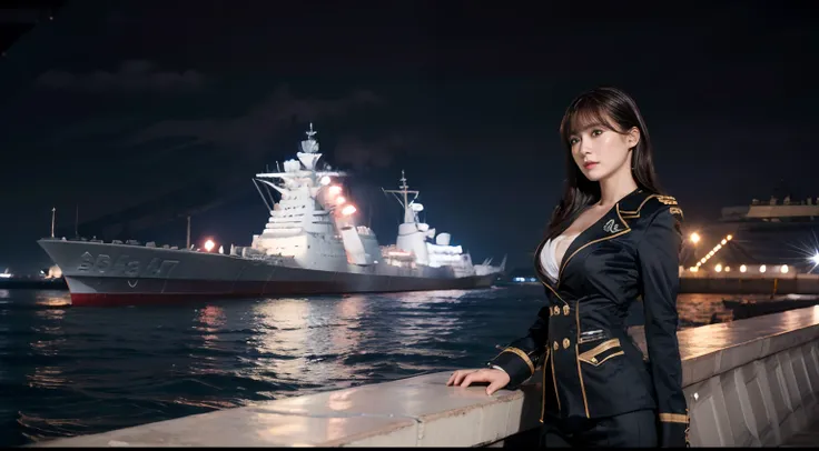 45
(a 25yo woman), (A hyper-realistic), (Masterpiece), Naval port at night, military outfits, (warships:1.46), (breast:0.8)