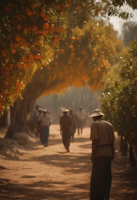 Orange groves, k hd, Masterpiece, Best quality, Photorealistic,Realistic lighting and shadows,In the daytime,超高分辨率,People take plates,Migrant workers,Orange trees,Realistic characters