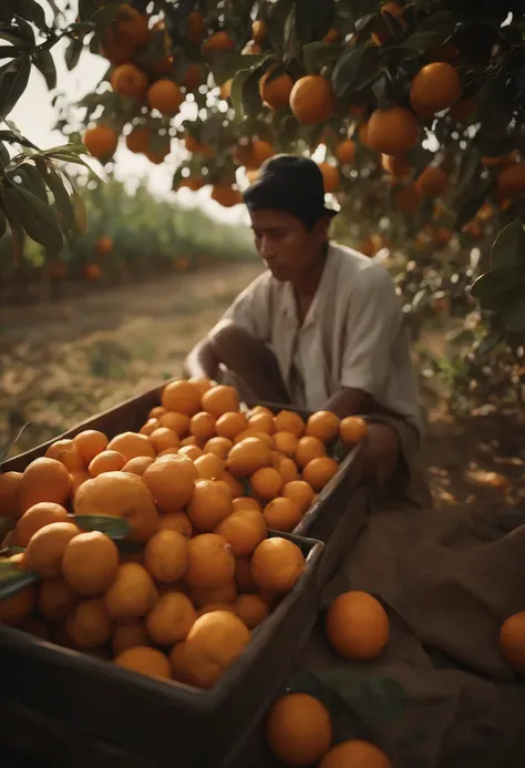 Orange groves, k hd, Masterpiece, Best quality, Photorealistic,Realistic lighting and shadows,In the daytime,超高分辨率,People take plates,Migrant workers,Orange trees,Realistic characters