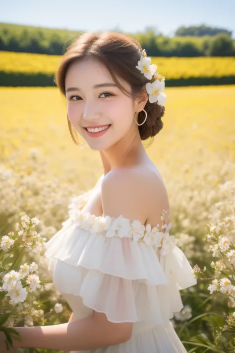 Best quality, masterpiece, ultra high res, (photorealistic:1.4), raw photo, 1girl, white dress, off shoulder, blossom flower field, glowing skin, light smile