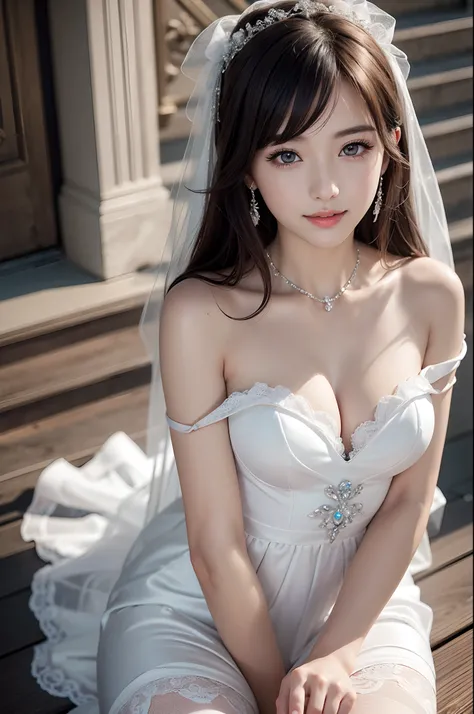 Best Quality, masutepiece, High resolution, top-quality、ultra-detailliert、​masterpiece、realisitic、Photo Real、Realistic bride、extremely detailed cute girl、eye shadow、make - up、Tempting smile、Wearing a realistic wedding dress、Wearing ultra-realistic white pa...