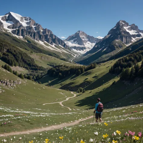 Tell the story of a hike in the mountains in spring, avec des fleurs sauvages en pleine floraison.4k