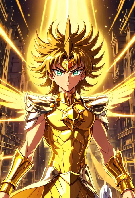 melhor quality, obra-prima, ultra-detalhado, ultra-high resolution CG unit wallpaper, best illustration, Um homem extremamente heroico, homem de 36 anos, espada nas costas, Cabelo loiro curto, loiro, (((com armadura de ouro incrivelmente detalhada no estil...