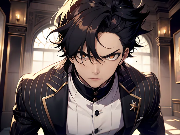 Inside the mansion，A boy，tailcoat，angry look，anime big breast, Cinematic lighting,  8K, Best quality, A high resolution，（full bodyesbian）（（full bodyesbian））Striped hair, Messy hair, Hairline, Shiny hair, Medium hair, Raised eyebrows, Mad eyes, long eyelash...