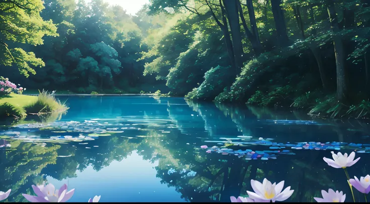 (Digital art) (blue spring) (ultravioleta, blue vibrant colors, highres),(portrait:1.1),(landscape:0.9),(blue toned),(soft lighting),(dreamy atmosphere),(romantic mood),(beautiful blue detailed flowers),(reflective water surface),(serene ambiance),(elegant...