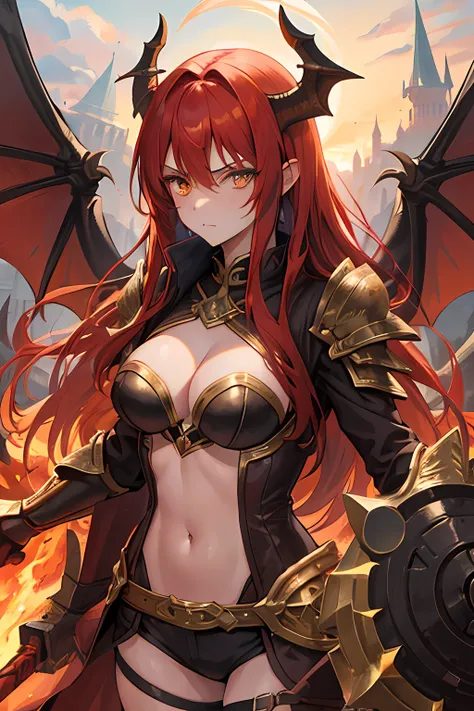 1girl, half-human and half-dragon, red hair, medium hair, dragon horn, thin and messy hair, golden eyes, sharp and wild eyes, hot-blooded, aggressive, lonely, needy, arrogance, instability, immense power and fire magic, wearing armor made of dragon scale, ...