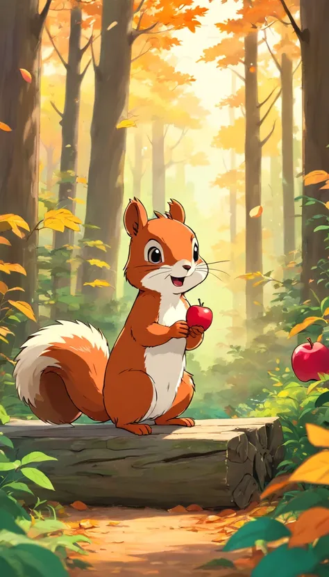 There is a cartoon photo of a squirrel eating an apple, Forest background, 🍂 Cute, Autumn background, woodland backround, card frame, without text, woodenhor, Background(solid), Forest theme, forest picnic, on clear background, Three forest creatures, Fore...