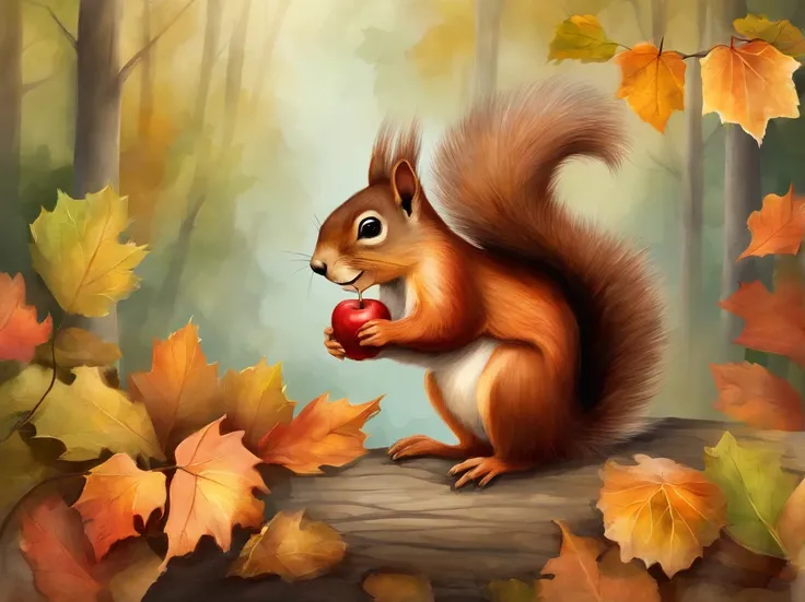 There is a cartoon photo of a squirrel eating an apple, Forest background, 🍂 Cute, Autumn background, woodland backround, card frame, without text, woodenhor, Background(solid), Forest theme, forest picnic, on clear background, Three forest creatures, Fore...