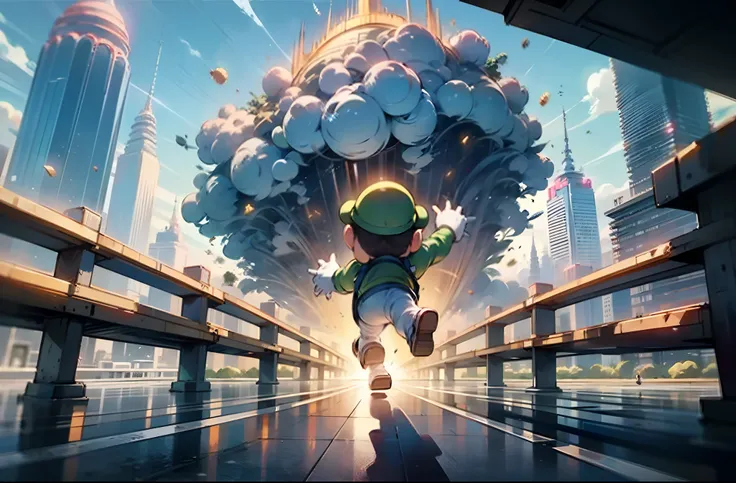 Mario and Luigi running away from the twin towers falling