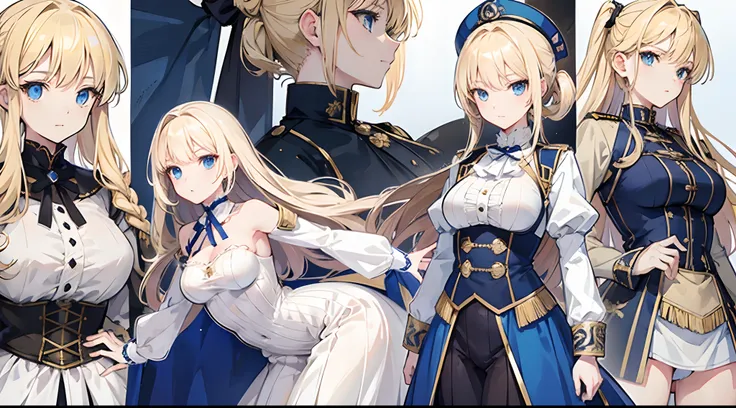 anime woman detailed victorian white military dress, blonde hair, blue eyes, oversize, detailed, character design sheet, high reels, different poses, different angles