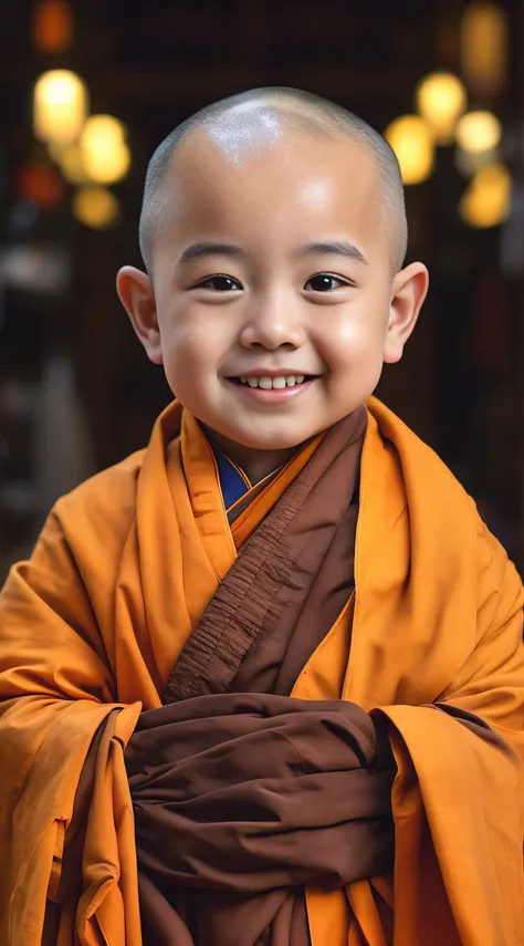 A young monk wears an orange monks robe，had his hands folded，Smile at the camera