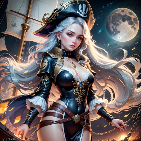 high quality, 8K Ultra HD, highly detailed, Meet the Moonlit Pirate Maiden, a mesmerizing 20-year-old girl with an ethereal beauty that rivals the stars. She stands at the prow of the majestic pirate ship, her silhouette outlined against the twinkling nigh...