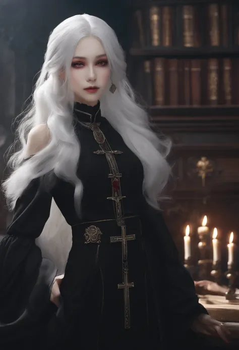 white  hair,Black clothe,Gothic style clothing,Twin-tailed,Dressed like a priest,distant full body view,an anime girl