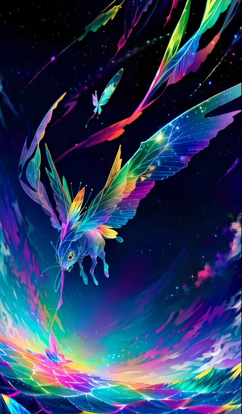 Cute iridescent round monster in space、Iridescent grass々Drawing a butterfly flying over the water, Looking up at the starry sky. Surround her with colorful nebulae and colorful forests.