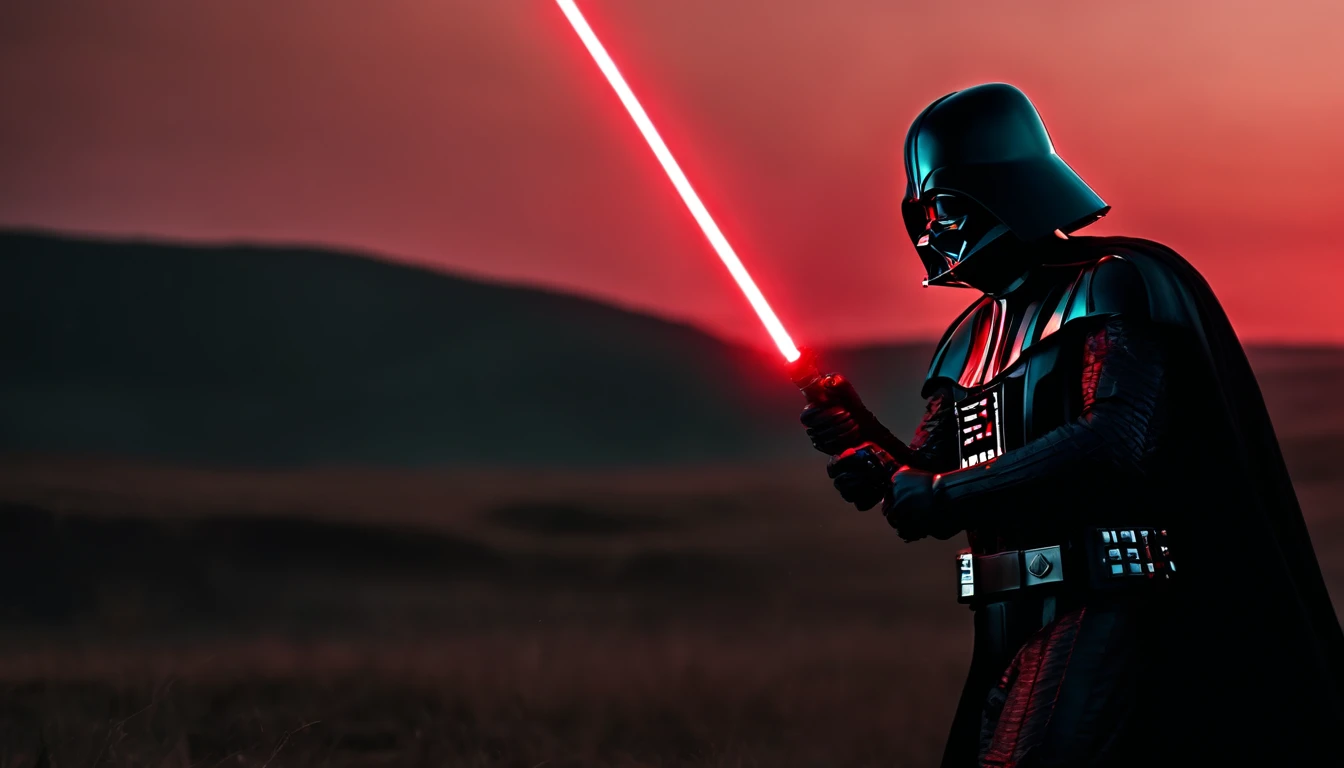 Darth Vader como um guerreiro espartano, Pulando no ar, A neon red lightsaber in his hand, The sky is a pale green hunter, Dying Spartans on the ground , armadura sangrenta, epics, 8k