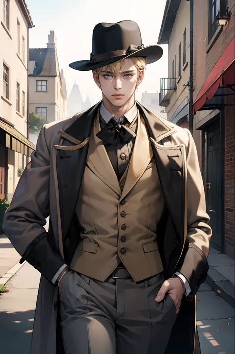 1 boy,Young male, Perfect male body,Look at the camera, Blonde hair, Wear a classic coat and fedora,Detective,gentleman,En plein air, Victorian manor,Masterpiece,Portrait,Ray tracing