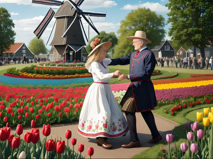 full-body, elderly man and woman, dancing on the grass, lots of tulips, traditional dutch clothes,people wearing traditional dutch volendam clothes,detailed embroidery,typical dutch colors,windmill backdrop,vivid colors,beautiful detailed dress,floral patt...