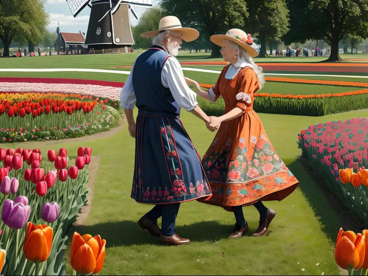 full-body, elderly man and woman, dancing on the grass, lots of tulips, traditional dutch clothes,people wearing traditional dutch volendam clothes,detailed embroidery,typical dutch colors,windmill backdrop,vivid colors,beautiful detailed dress,floral patt...