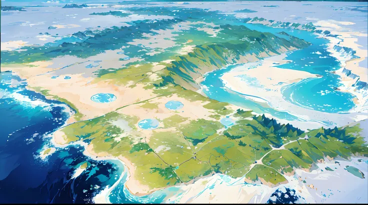 map, 1continent, super continent, surrounded by ocean, gorgeous, from above, from above view, top view, Tenkai, land of gods, snow on north,  south desert, east lush green rainforest, west mountain an valleys ,High detailed ,map,A Traditional Japanese Art,...