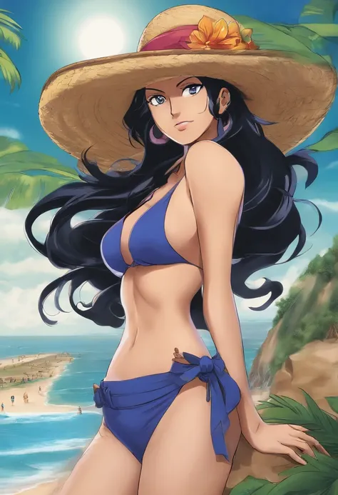 Nico Robin do anime "One Piece" na praia de biquini