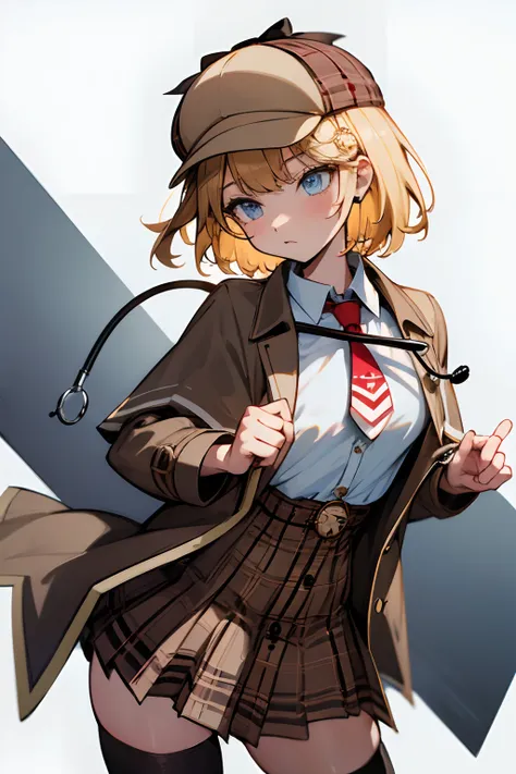 amelia_detective, collared shirt, red necktie, plaid skirt, thighhighs ,(detective accessories:0) deerstalker, brown capelet, po...