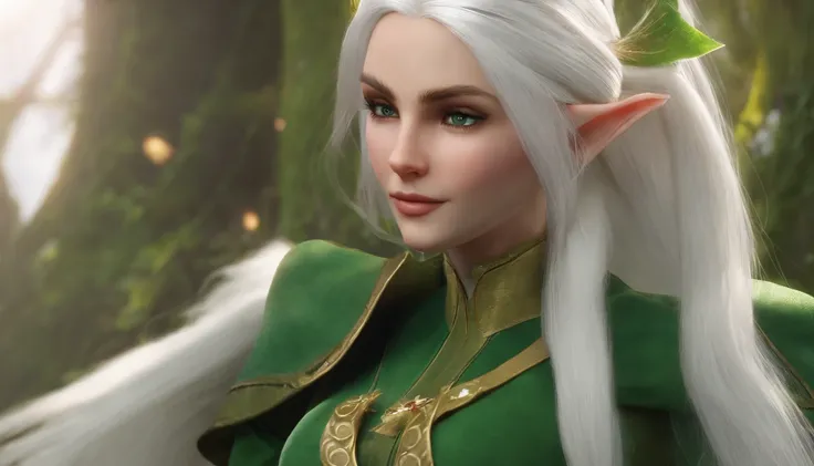 White hair，Green clothes，adolable，Energetic，Frontal sideways，bit girl，Game style，the elf，chiquita