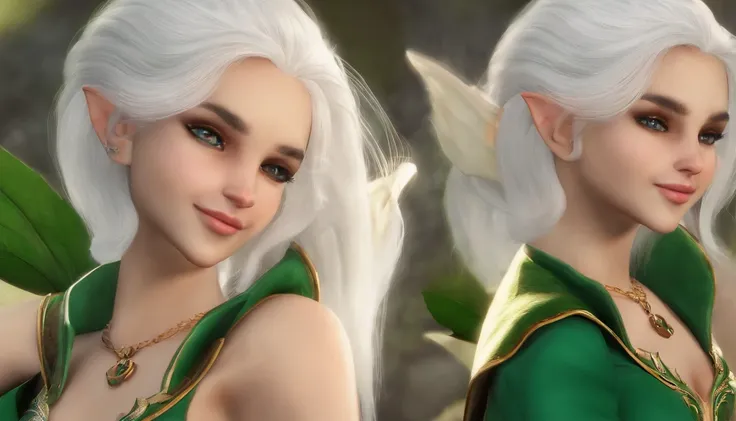 White hair，Green clothes，adolable，Energetic，Frontal sideways，bit girl，Game style，the elf，chiquita