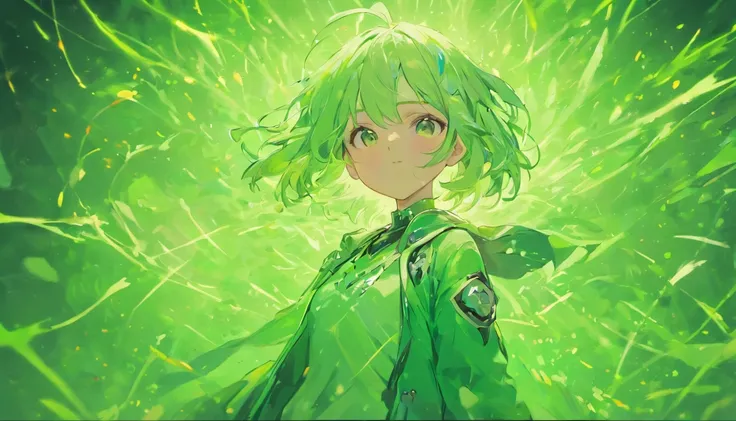 White hair，Green clothes，adolable，Energetic，Frontal sideways，bit girl，Game style，the elf，chiquita