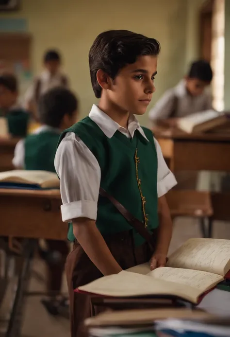 Theres a 13-year-old boy standing in the middle of a classroom, tiene un cuaderno, y tiene uniforme escolar, Hes a Mexican boy