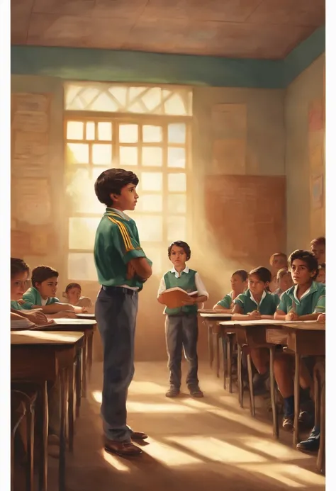 Theres a 13-year-old boy standing in the middle of a classroom, tiene un cuaderno, y tiene uniforme escolar, Hes a Mexican boy