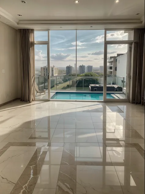 (best quality,4k,highres), modern contemporary furniture, spacious living room, floor-to-ceiling windows, panoramic view of the city, marble flooring, elegant chandeliers, minimalist decor, neutral color palette, natural light, open-concept kitchen with hi...