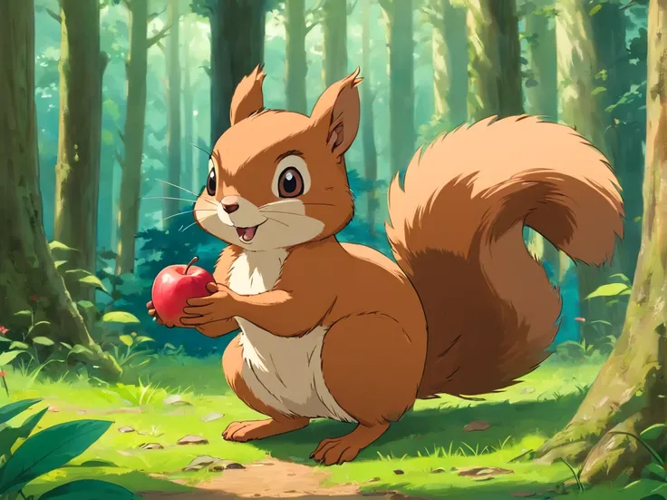 Theres a cartoon picture of a squirrel eating an apple, fundo da floresta, 🍂 fofo, fundo do outono, bosque de volta, card frame, sem texto, woodenhor, Background Story(solid), tema floresta, Piquenique na floresta, em fundo claro, Three Forest Creatures, f...