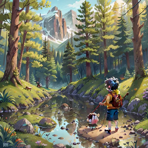 Little boy and girl in the woods, one walking the dog, the other catching fish, very happy in the mountains and rivers，The colors are bright and bright