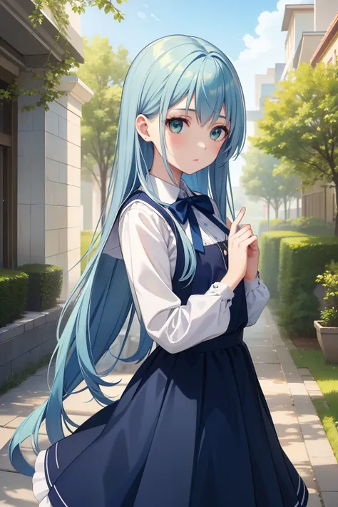 1 girl in、Blue Long Hair、Twin-tailed、Green eyes、Drawn from a specific angle、Looking at the camera、delicate finger、beautiful ilumination、fuffy dress、Navy blue skirt，Outdoor scene in the background、(High resolution of the highest quality)、((Masterpieces of t...