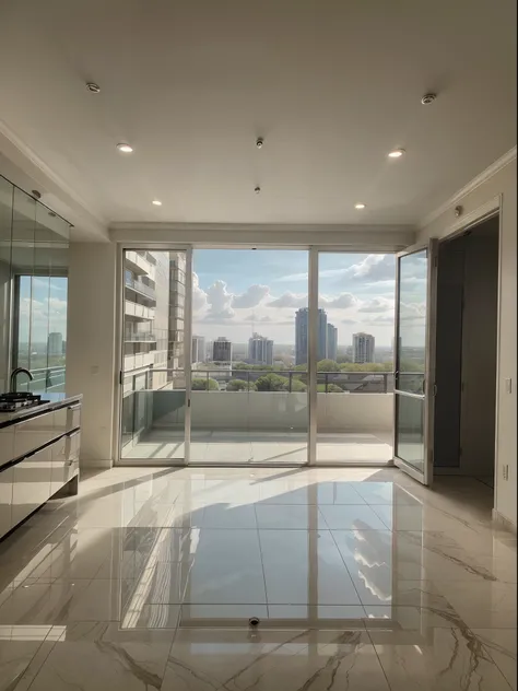 (best quality,4k,highres), modern contemporary furniture, spacious living room, floor-to-ceiling windows, panoramic view of the city, marble flooring, elegant chandeliers, minimalist decor, neutral color palette, natural light, open-concept kitchen with hi...