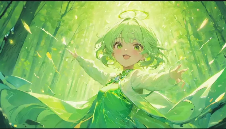 (Best quality,4K,A high resolution,Masterpiece:1.2),Ultra-detailed,Realistic,White hair,green and white clothes,Adorable,Energetic,Frontal sideways,Big girl,game style,the elf,chiquita,sportrait,Vivid colors,Soft lighting,Playful expression,Curly hair,poin...