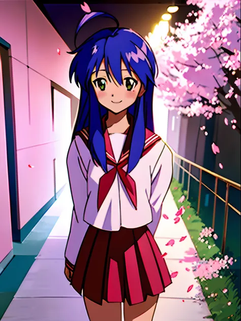 1girl, solo, (Konata Izumi), long hair, serafuku, ahoge, school uniform, long sleeves, skirt, standing, smile, (street), cherry blossoms, (evangelion anime style), best quality, ultra-detailed, masterpiece, cinematic lighting, cute, face detail, arms behin...