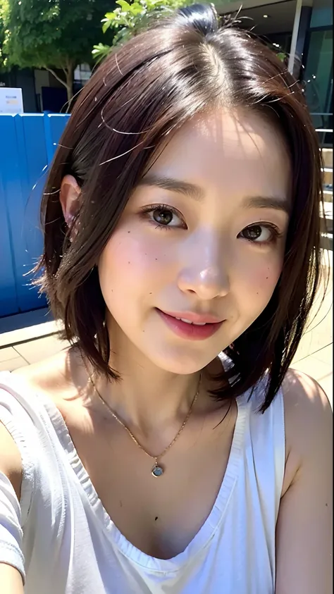 (top-quality、8K、32K、​masterpiece、nffsw:1.2)、Photo of a cute Japanese woman、large full breasts、short cut hair、sface focus、white t-shirts、a necklace、From  above、looking at the viewers、A smile、Dimples、dynamic shadow、Wet shiny hair、Moist eyes、In the city of Ak...