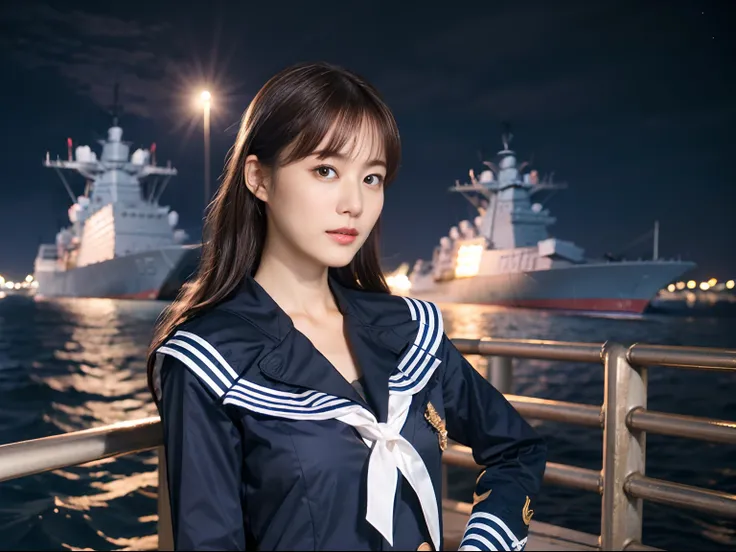 45
(a 25yo woman), (A hyper-realistic), (masutepiece), Naval port at night, military outfits, (warships:1.46), (Breast:0.5)