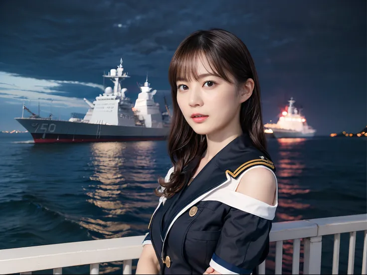 45
(a 25yo woman), (A hyper-realistic), (masutepiece), Naval port at night, military outfits, (warships:1.46), (Breast:0.5)