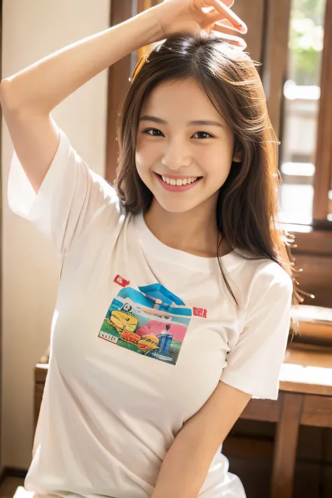 very beautif,infp young woman,japanes,light skinned,Very realistic,a smile,Arms raised,One T-shirt only,tits out