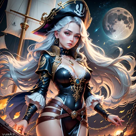 high quality, 8K Ultra HD, highly detailed, Meet the Moonlit Pirate Maiden, a mesmerizing 20-year-old girl with an ethereal beauty that rivals the stars. She stands at the prow of the majestic pirate ship, her silhouette outlined against the twinkling nigh...