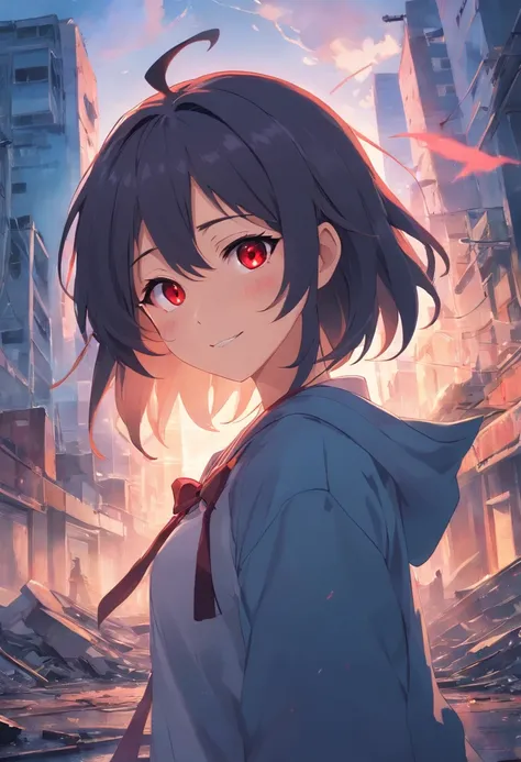 whaite hair，Red eyes,  With a scary smile,  long whitr hair，demonic horns，Broken sailor suit，Girl body type，There are demon wings behind it，There was a little blood on his body，8K，Look into the camera，Empty eyes，Dynamic，Background of destroyed cities